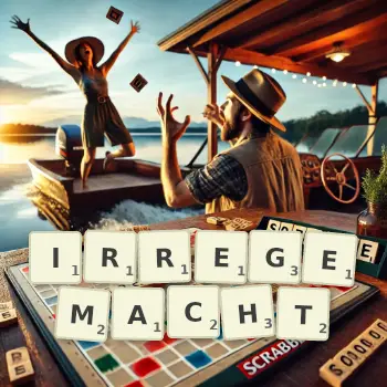 Kreative Illustration für ein Scrabble-Spiel, bei dem das Wort IRREGEMACHT mit Steinen auf dem Brett gelegt wurde.