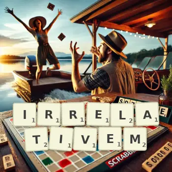 Kreative Illustration für ein Scrabble-Spiel, bei dem das Wort IRRELATIVEM mit Steinen auf dem Brett gelegt wurde.