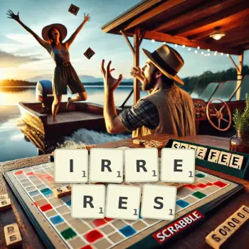 Kreative Illustration für ein Scrabble-Spiel, bei dem das Wort IRRERES mit Steinen auf dem Brett gelegt wurde.
