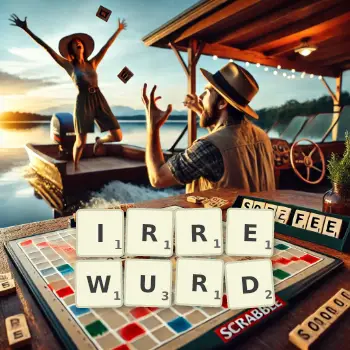 Kreative Illustration für ein Scrabble-Spiel, bei dem das Wort IRREWURD mit Steinen auf dem Brett gelegt wurde.