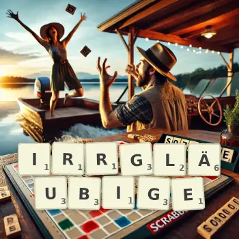 Kreative Illustration für ein Scrabble-Spiel, bei dem das Wort IRRGLÄUBIGE mit Steinen auf dem Brett gelegt wurde.
