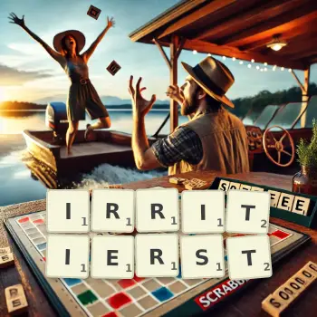 Kreative Illustration für ein Scrabble-Spiel, bei dem das Wort IRRITIERST mit Steinen auf dem Brett gelegt wurde.