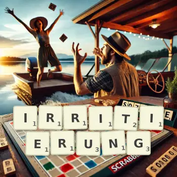 Kreative Illustration für ein Scrabble-Spiel, bei dem das Wort IRRITIERUNG mit Steinen auf dem Brett gelegt wurde.