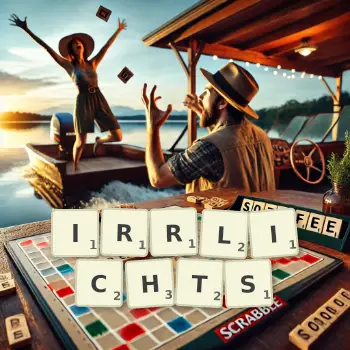 Kreative Illustration für ein Scrabble-Spiel, bei dem das Wort IRRLICHTS mit Steinen auf dem Brett gelegt wurde.
