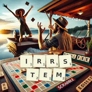 Kreative Illustration für ein Scrabble-Spiel, bei dem das Wort IRRSTEM mit Steinen auf dem Brett gelegt wurde.