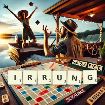 Kreative Illustration für ein Scrabble-Spiel, bei dem das Wort IRRUNG mit Steinen auf dem Brett gelegt wurde.