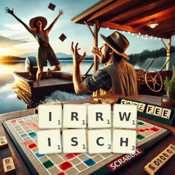Kreative Illustration für ein Scrabble-Spiel, bei dem das Wort IRRWISCH mit Steinen auf dem Brett gelegt wurde.