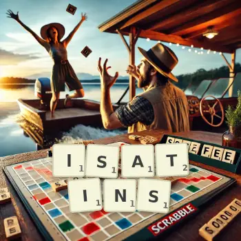 Kreative Illustration für ein Scrabble-Spiel, bei dem das Wort ISATINS mit Steinen auf dem Brett gelegt wurde.