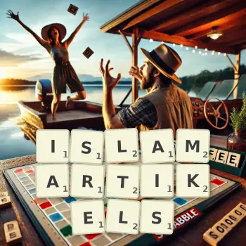 Kreative Illustration für ein Scrabble-Spiel, bei dem das Wort ISLAMARTIKELS mit Steinen auf dem Brett gelegt wurde.