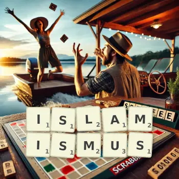 Kreative Illustration für ein Scrabble-Spiel, bei dem das Wort ISLAMISMUS mit Steinen auf dem Brett gelegt wurde.