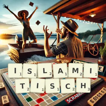 Kreative Illustration für ein Scrabble-Spiel, bei dem das Wort ISLAMITISCH mit Steinen auf dem Brett gelegt wurde.