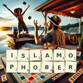 Kreative Illustration für ein Scrabble-Spiel, bei dem das Wort ISLAMOPHOBER mit Steinen auf dem Brett gelegt wurde.