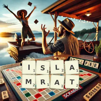 Kreative Illustration für ein Scrabble-Spiel, bei dem das Wort ISLAMRAT mit Steinen auf dem Brett gelegt wurde.