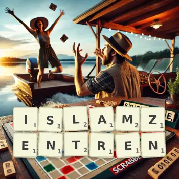 Kreative Illustration für ein Scrabble-Spiel, bei dem das Wort ISLAMZENTREN mit Steinen auf dem Brett gelegt wurde.