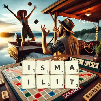 Kreative Illustration für ein Scrabble-Spiel, bei dem das Wort ISMAILIT mit Steinen auf dem Brett gelegt wurde.