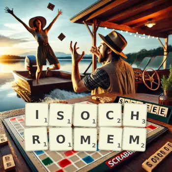Kreative Illustration für ein Scrabble-Spiel, bei dem das Wort ISOCHROMEM mit Steinen auf dem Brett gelegt wurde.