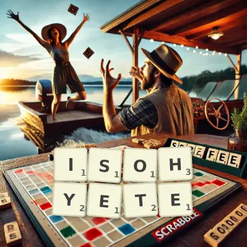 Kreative Illustration für ein Scrabble-Spiel, bei dem das Wort ISOHYETE mit Steinen auf dem Brett gelegt wurde.