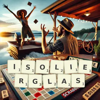 Kreative Illustration für ein Scrabble-Spiel, bei dem das Wort ISOLIERGLAS mit Steinen auf dem Brett gelegt wurde.
