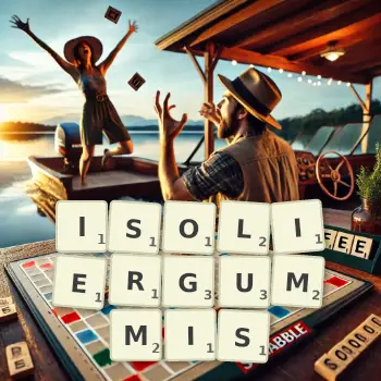Kreative Illustration für ein Scrabble-Spiel, bei dem das Wort ISOLIERGUMMIS mit Steinen auf dem Brett gelegt wurde.