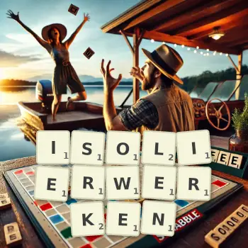 Kreative Illustration für ein Scrabble-Spiel, bei dem das Wort ISOLIERWERKEN mit Steinen auf dem Brett gelegt wurde.