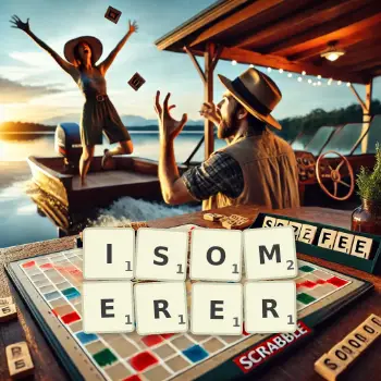 Kreative Illustration für ein Scrabble-Spiel, bei dem das Wort ISOMERER mit Steinen auf dem Brett gelegt wurde.