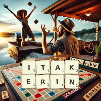 Kreative Illustration für ein Scrabble-Spiel, bei dem das Wort ITAKERIN mit Steinen auf dem Brett gelegt wurde.