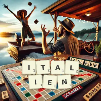 Kreative Illustration für ein Scrabble-Spiel, bei dem das Wort ITALIEN mit Steinen auf dem Brett gelegt wurde.