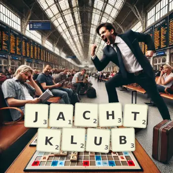 Kreative Illustration für ein Scrabble-Spiel, bei dem das Wort JACHTKLUB mit Steinen auf dem Brett gelegt wurde.
