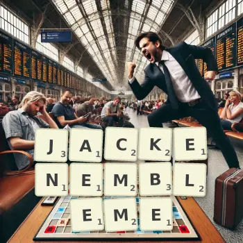 Kreative Illustration für ein Scrabble-Spiel, bei dem das Wort JACKENEMBLEME mit Steinen auf dem Brett gelegt wurde.