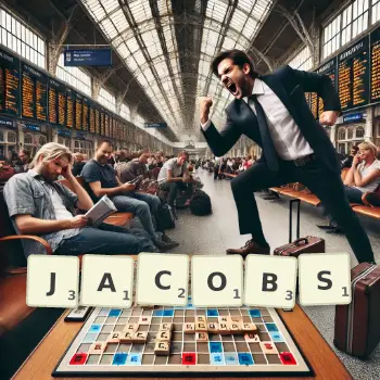 Kreative Illustration für ein Scrabble-Spiel, bei dem das Wort JACOBS mit Steinen auf dem Brett gelegt wurde.