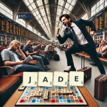 Kreative Illustration für ein Scrabble-Spiel, bei dem das Wort JADE mit Steinen auf dem Brett gelegt wurde.