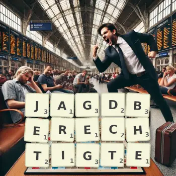 Kreative Illustration für ein Scrabble-Spiel, bei dem das Wort JAGDBERECHTIGTE mit Steinen auf dem Brett gelegt wurde.