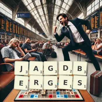 Kreative Illustration für ein Scrabble-Spiel, bei dem das Wort JAGDBERGES mit Steinen auf dem Brett gelegt wurde.