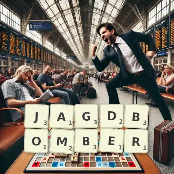 Kreative Illustration für ein Scrabble-Spiel, bei dem das Wort JAGDBOMBER mit Steinen auf dem Brett gelegt wurde.