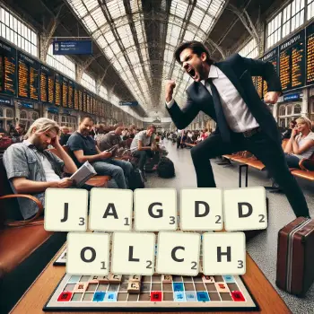 Kreative Illustration für ein Scrabble-Spiel, bei dem das Wort JAGDDOLCH mit Steinen auf dem Brett gelegt wurde.