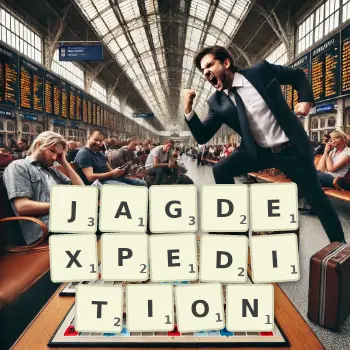 Kreative Illustration für ein Scrabble-Spiel, bei dem das Wort JAGDEXPEDITION mit Steinen auf dem Brett gelegt wurde.