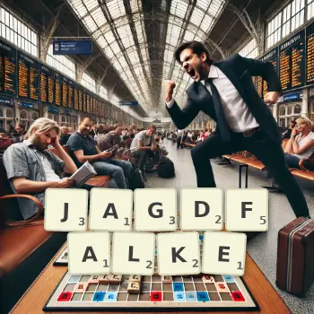 Kreative Illustration für ein Scrabble-Spiel, bei dem das Wort JAGDFALKE mit Steinen auf dem Brett gelegt wurde.