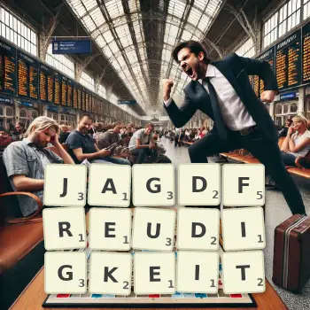 Kreative Illustration für ein Scrabble-Spiel, bei dem das Wort JAGDFREUDIGKEIT mit Steinen auf dem Brett gelegt wurde.