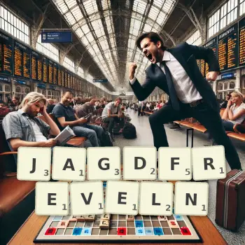 Kreative Illustration für ein Scrabble-Spiel, bei dem das Wort JAGDFREVELN mit Steinen auf dem Brett gelegt wurde.