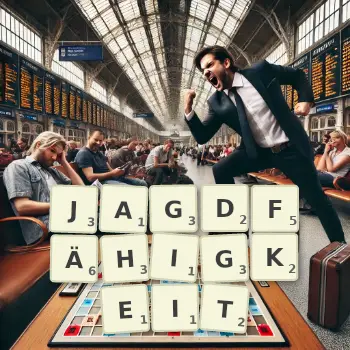 Kreative Illustration für ein Scrabble-Spiel, bei dem das Wort JAGDFÄHIGKEIT mit Steinen auf dem Brett gelegt wurde.