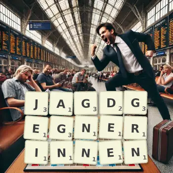 Kreative Illustration für ein Scrabble-Spiel, bei dem das Wort JAGDGEGNERINNEN mit Steinen auf dem Brett gelegt wurde.