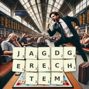 Kreative Illustration für ein Scrabble-Spiel, bei dem das Wort JAGDGERECHTEM mit Steinen auf dem Brett gelegt wurde.