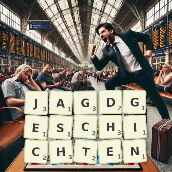 Kreative Illustration für ein Scrabble-Spiel, bei dem das Wort JAGDGESCHICHTEN mit Steinen auf dem Brett gelegt wurde.