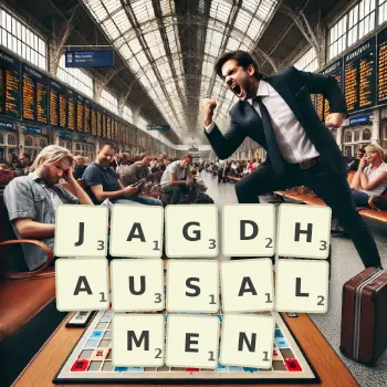 Kreative Illustration für ein Scrabble-Spiel, bei dem das Wort JAGDHAUSALMEN mit Steinen auf dem Brett gelegt wurde.