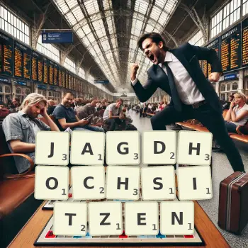 Kreative Illustration für ein Scrabble-Spiel, bei dem das Wort JAGDHOCHSITZEN mit Steinen auf dem Brett gelegt wurde.