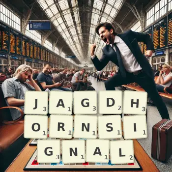 Kreative Illustration für ein Scrabble-Spiel, bei dem das Wort JAGDHORNSIGNAL mit Steinen auf dem Brett gelegt wurde.