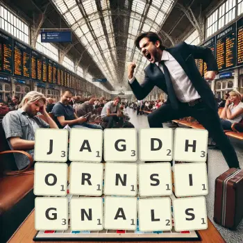 Kreative Illustration für ein Scrabble-Spiel, bei dem das Wort JAGDHORNSIGNALS mit Steinen auf dem Brett gelegt wurde.