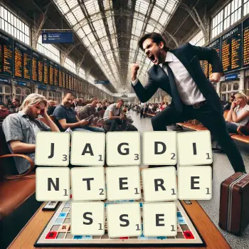 Kreative Illustration für ein Scrabble-Spiel, bei dem das Wort JAGDINTERESSE mit Steinen auf dem Brett gelegt wurde.