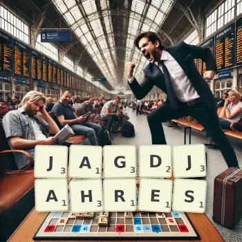 Kreative Illustration für ein Scrabble-Spiel, bei dem das Wort JAGDJAHRES mit Steinen auf dem Brett gelegt wurde.