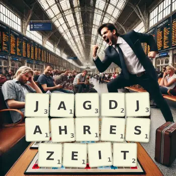 Kreative Illustration für ein Scrabble-Spiel, bei dem das Wort JAGDJAHRESZEIT mit Steinen auf dem Brett gelegt wurde.